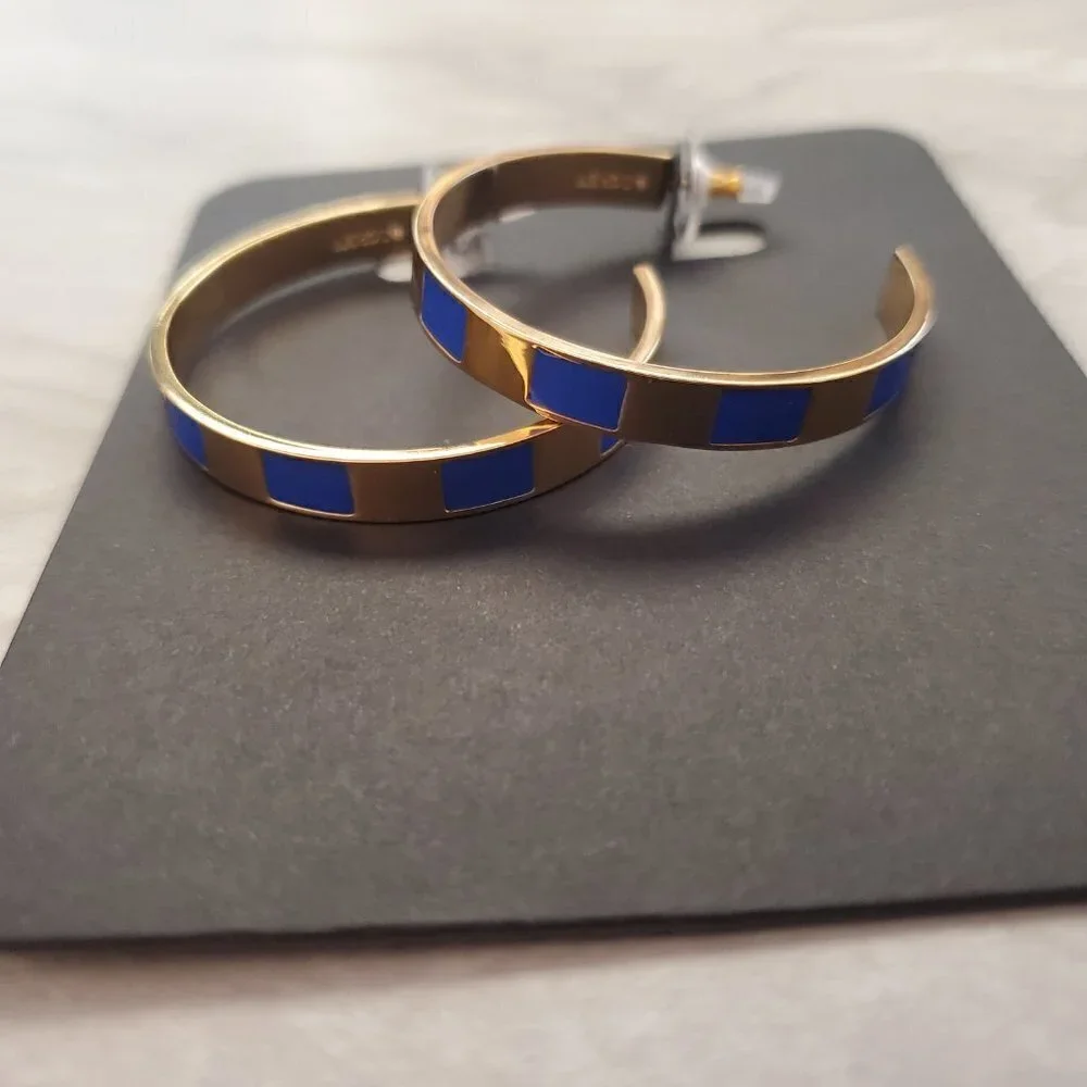 💙 NEW J.Crew Blue Sapphire Striped Enamel Hoop Gold Drop Dangle Earrings 💙
